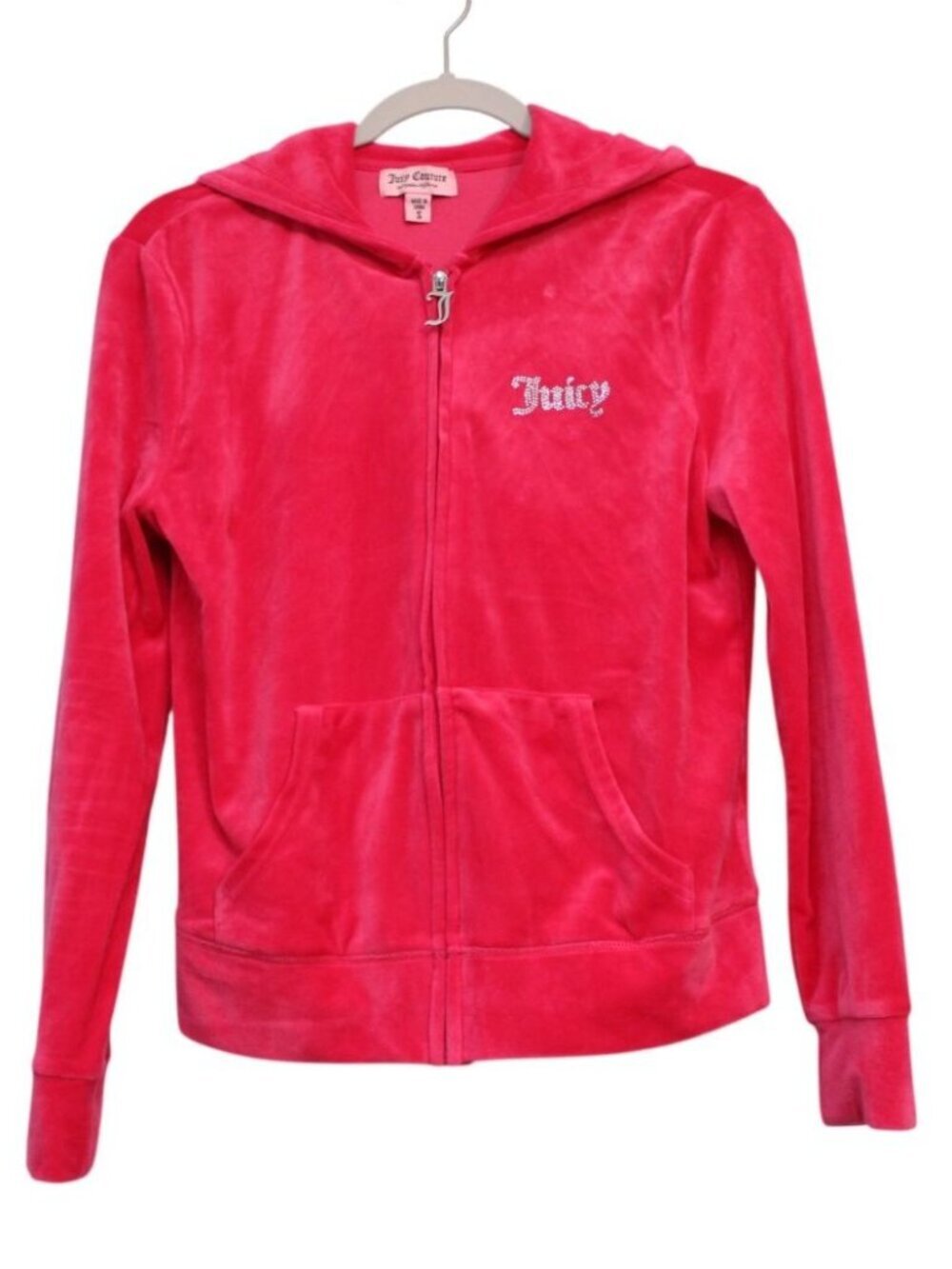 Juicy Couture Jacket Small Pink Velour Spellout Velvet Hoodie Full Zip Y2K 90s